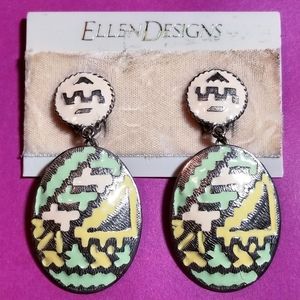 Vintage pastel aztec clip earrings big large oval silver tone Ellen Designs